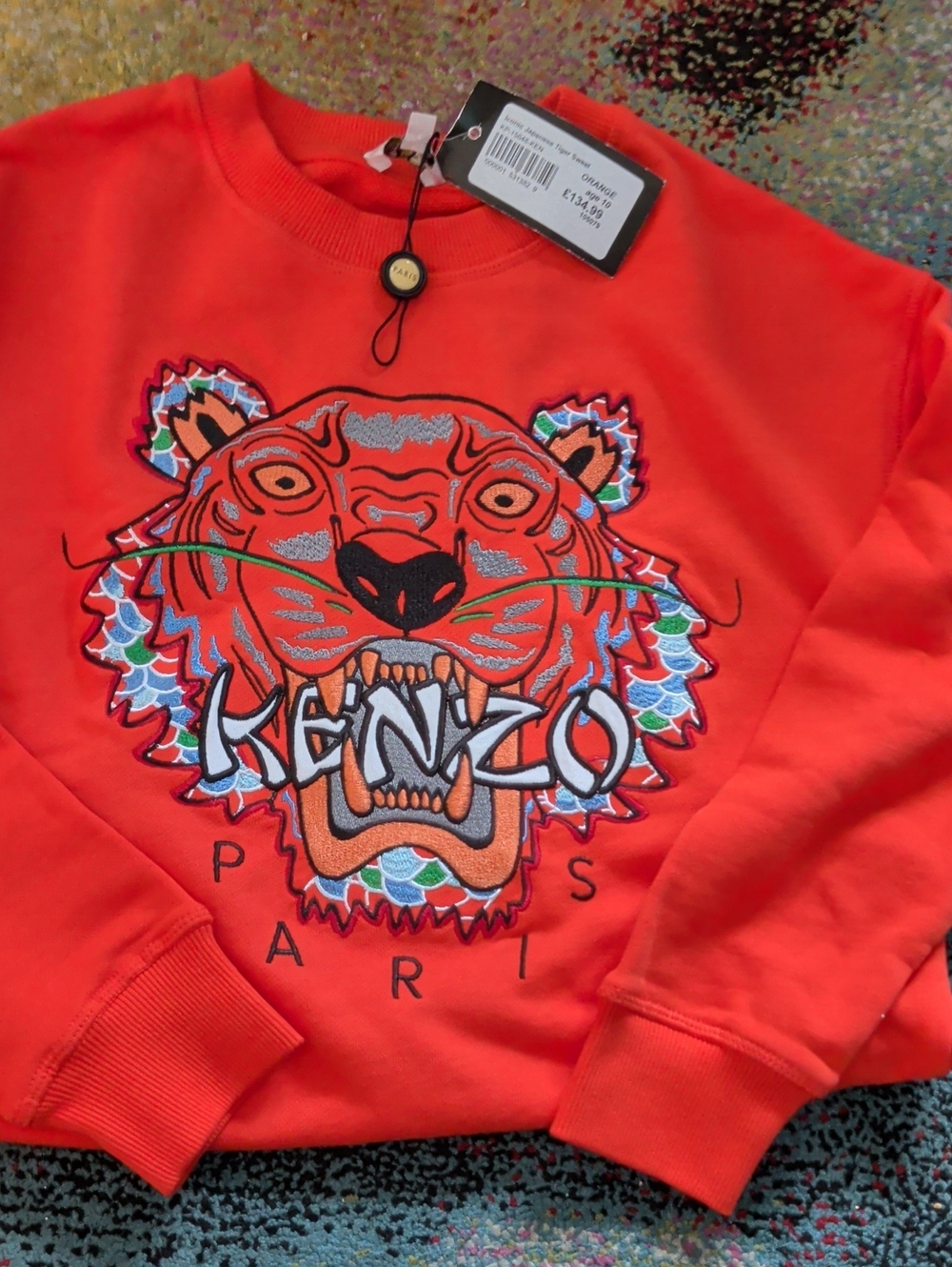 Kenzo Kids Orange Crewneck Sweatshirt with Embroidered Tiger